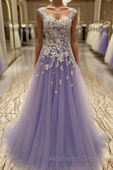 A-Line/Princess Scoop Floor-Length Tulle Evening Prom Dresses With Appliques Lace